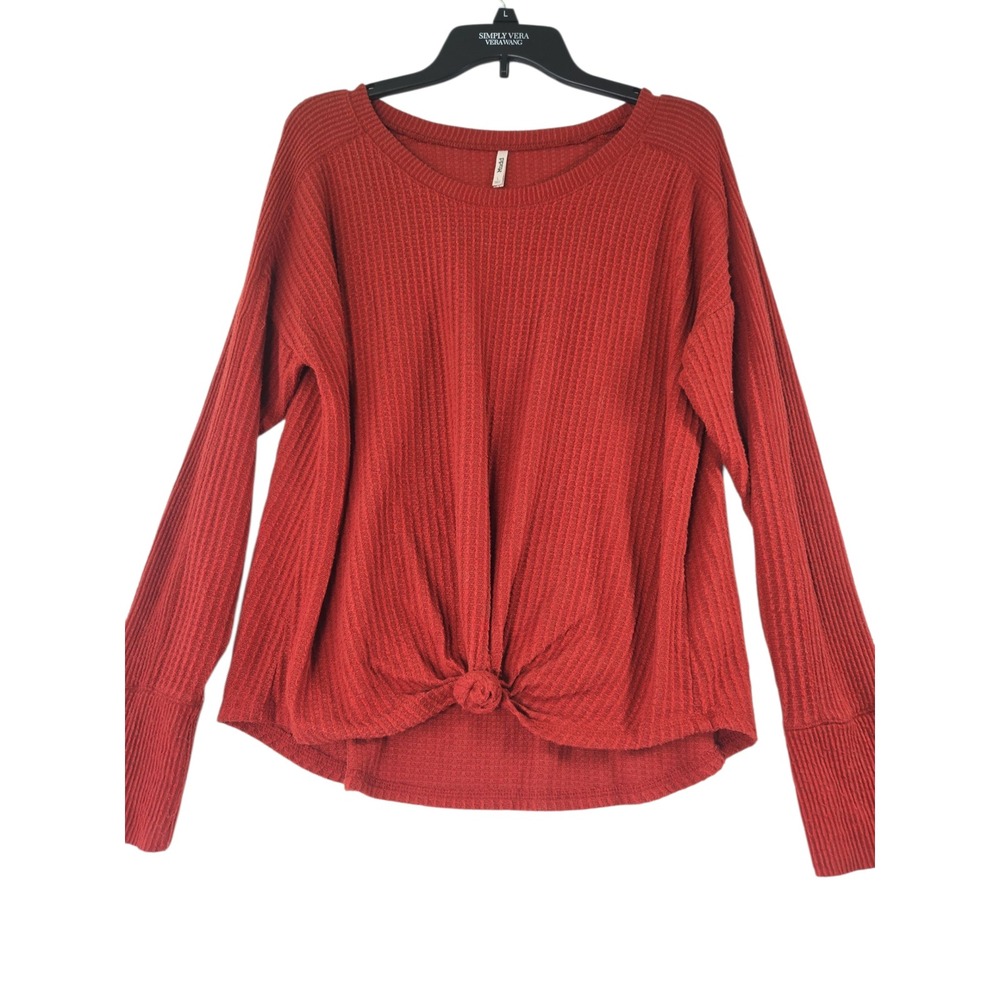 Mudd Womens L‎ Red Waffle Knit Twist Front Top Y2K Grunge Long Sleeve